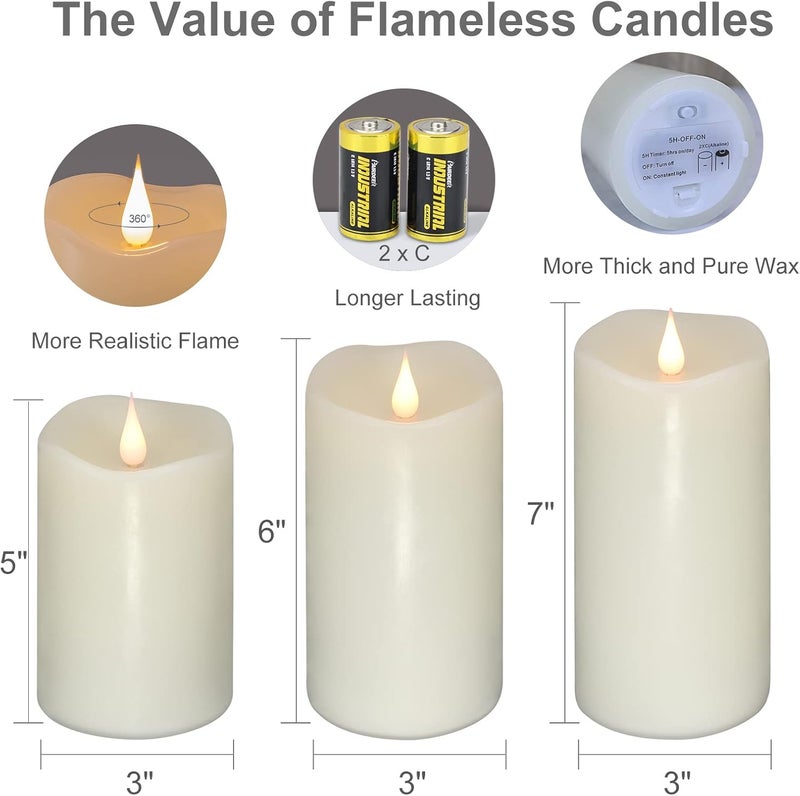 TECHLONG Flickering Flameless Candles with 3D Moving Flame Set of 3(H 5" 6" 7" x D 3"), Last 1000+ Hours Battery Operated Candles with Remote Timer, Ivory Real Wax Electric LED Pillar Candles - Image 2